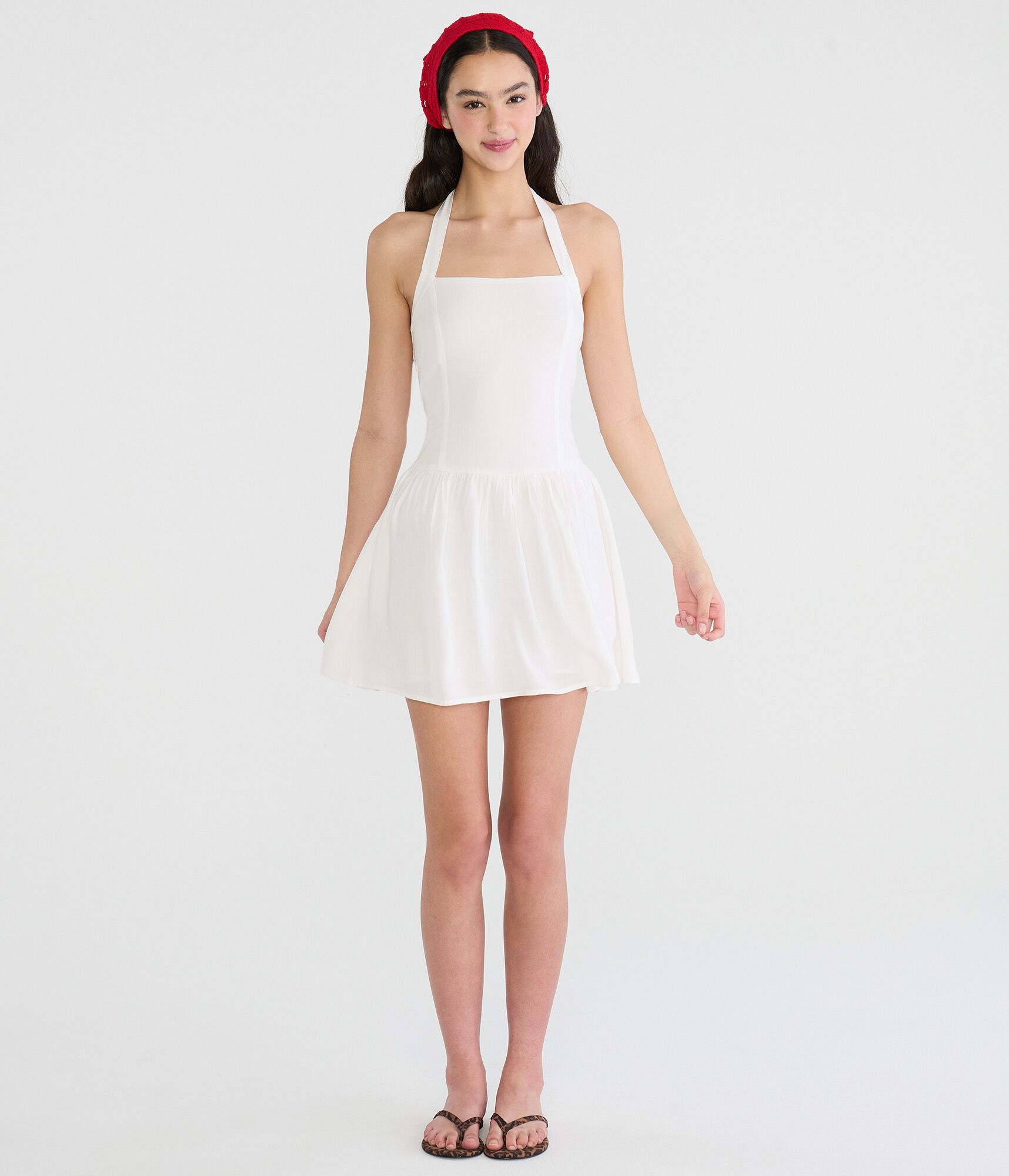 Solid Square-Neck Halter Drop-Waist Mini Dress