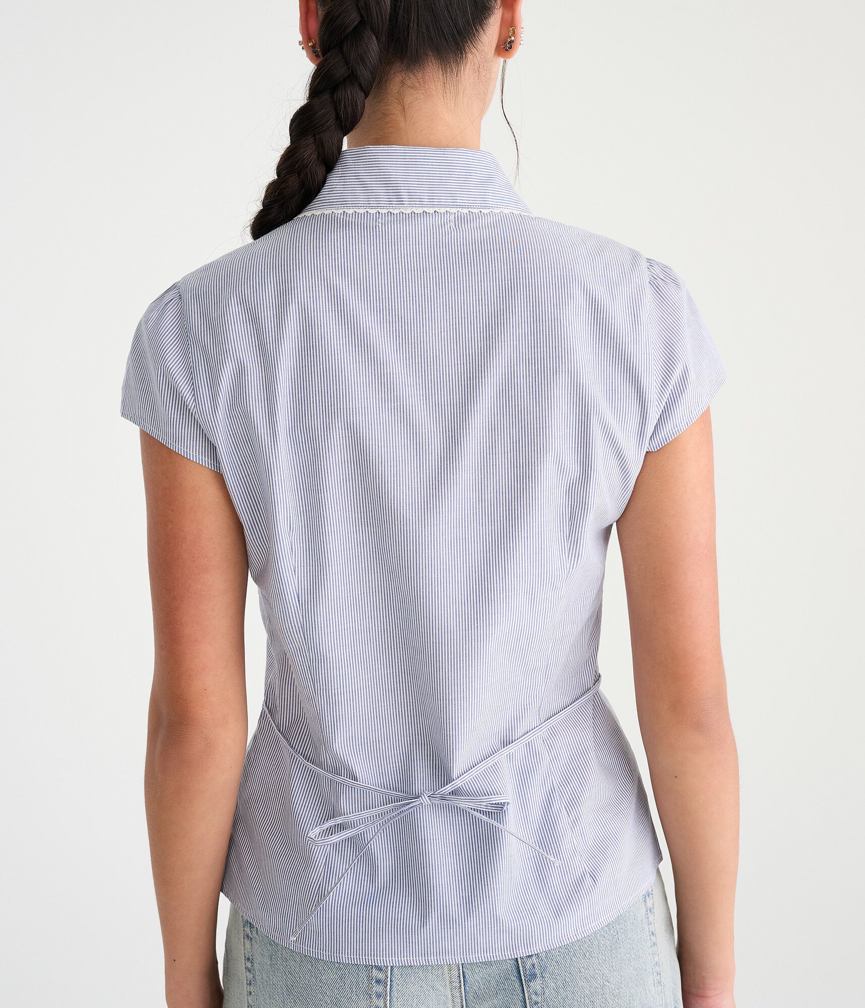 Short Sleeve Striped Peter Pan Tie-Back Blouse