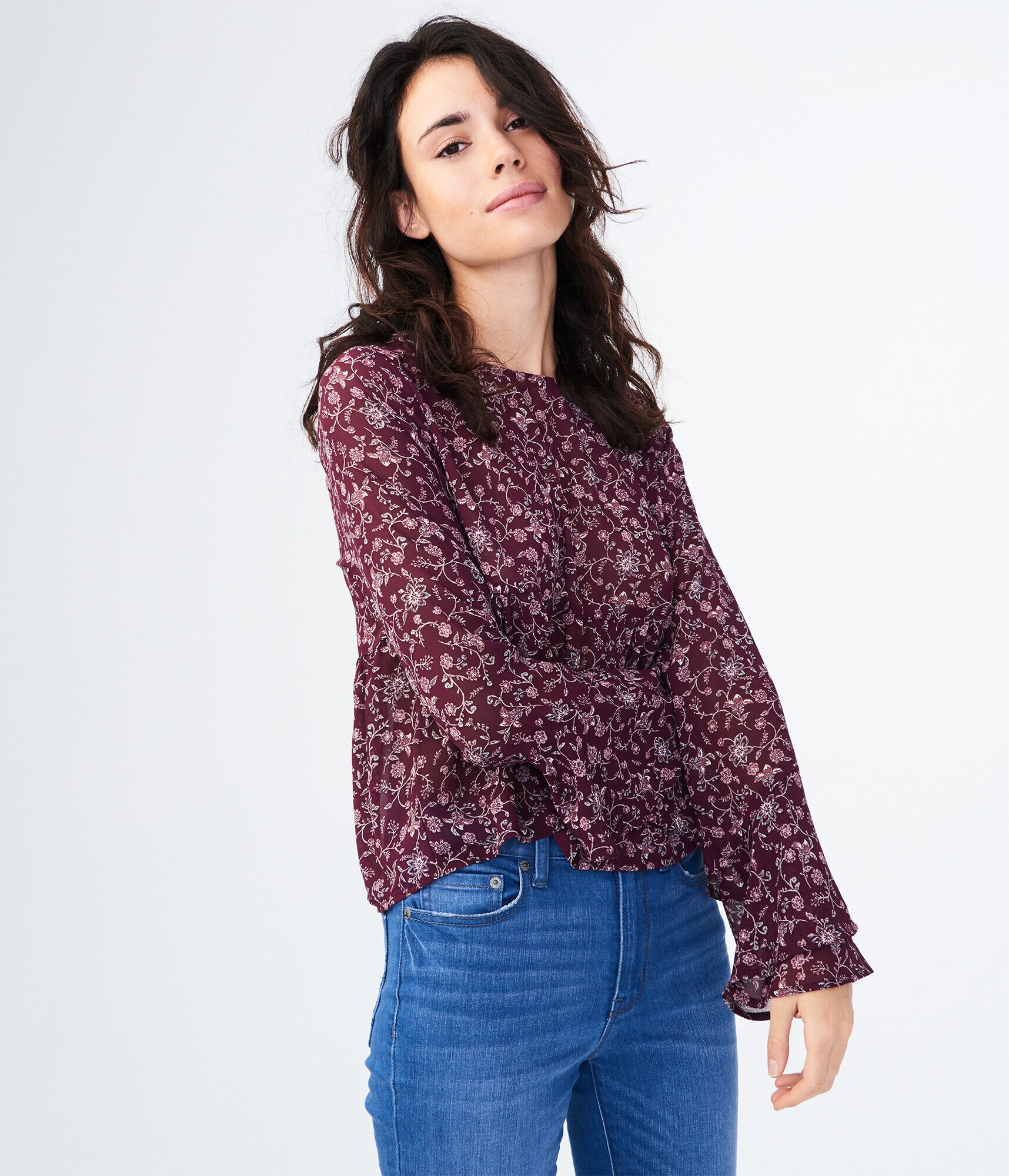 Long Bell Sleeve Floral Ruffle Top