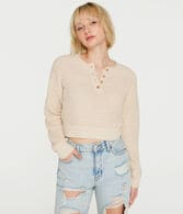Waffle-Knit Cropped Henley Sweater