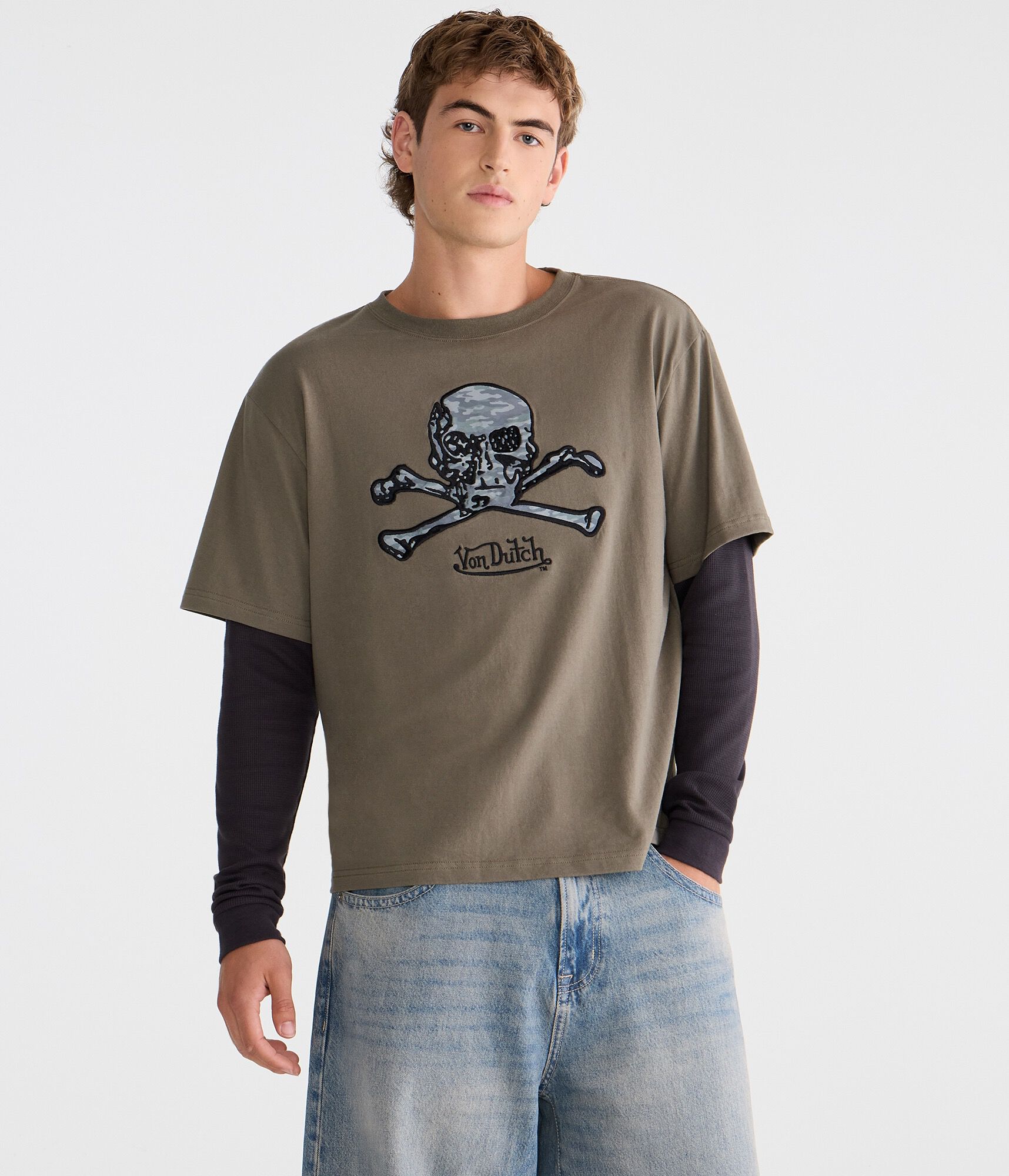 Von Dutch Long Sleeve Camo Skull Boxy 2Fer Tee