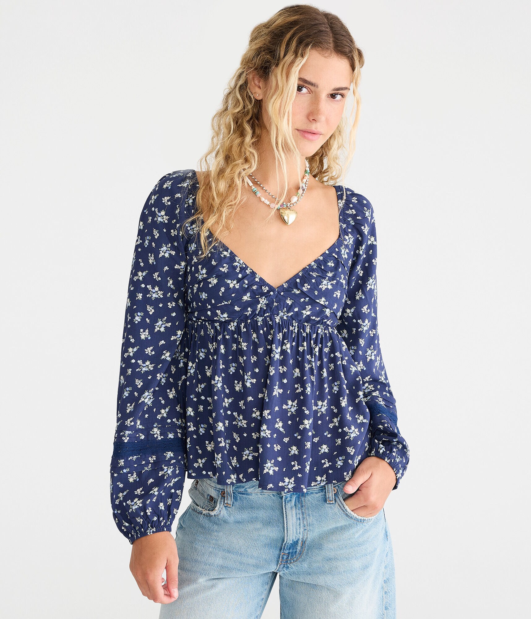 Long Sleeve Floral Lace & Pleats V-Neck Peasant Top