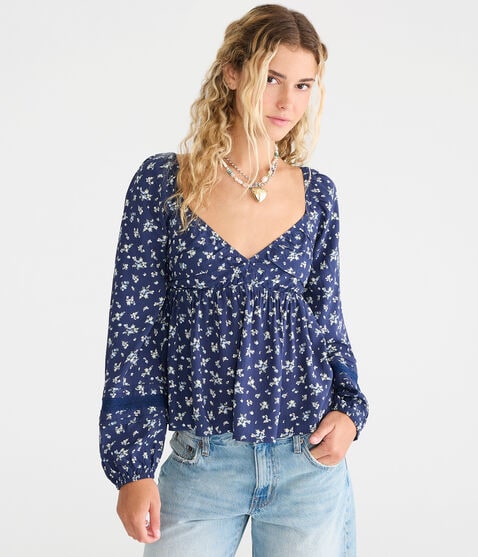 Long Sleeve Floral Lace & Pleats V-Neck Peasant Top Long Sleeve Floral Lace & Pleats V-Neck Peasant Top