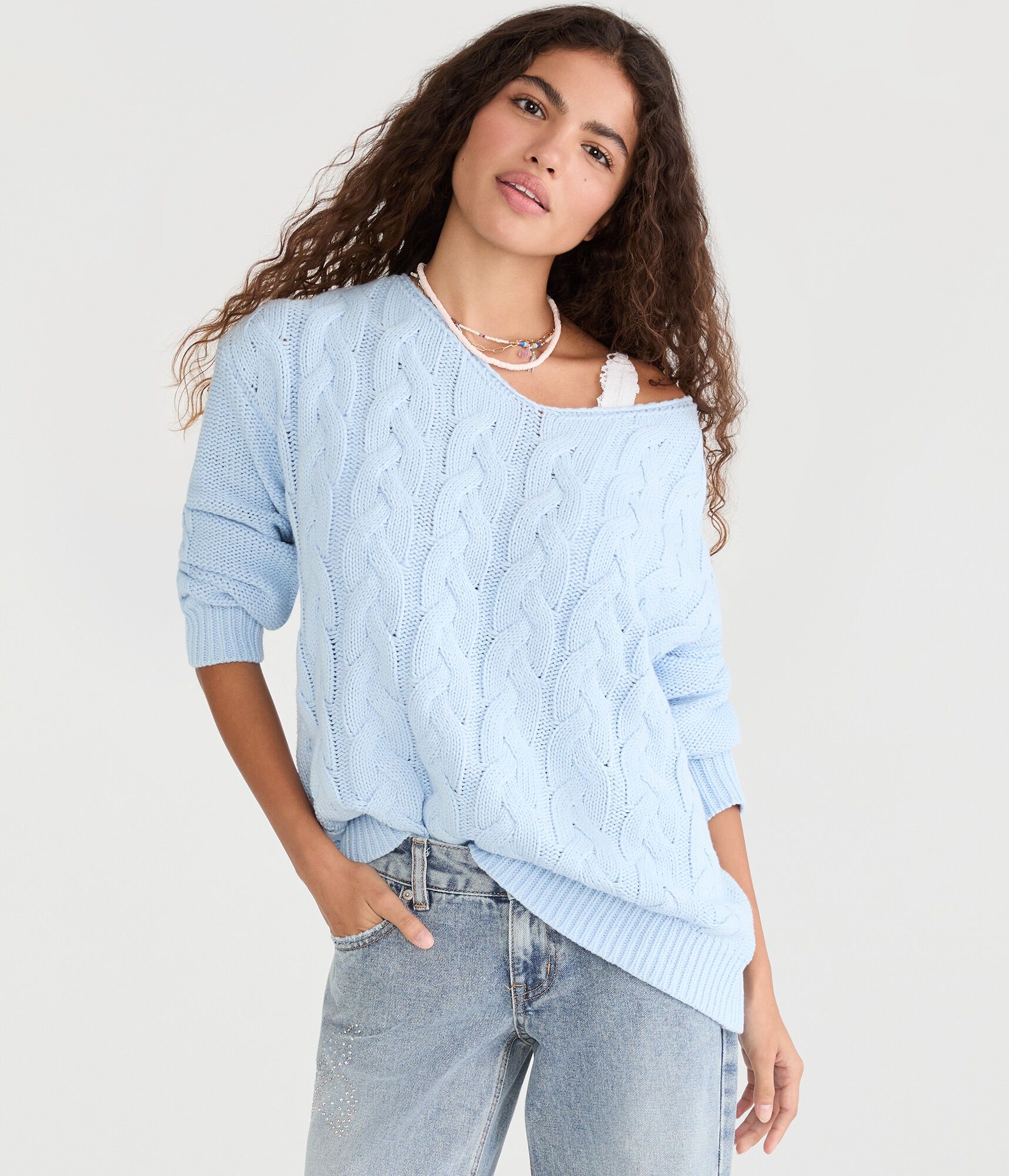 Slouchy Cable Knit V-Neck Sweater