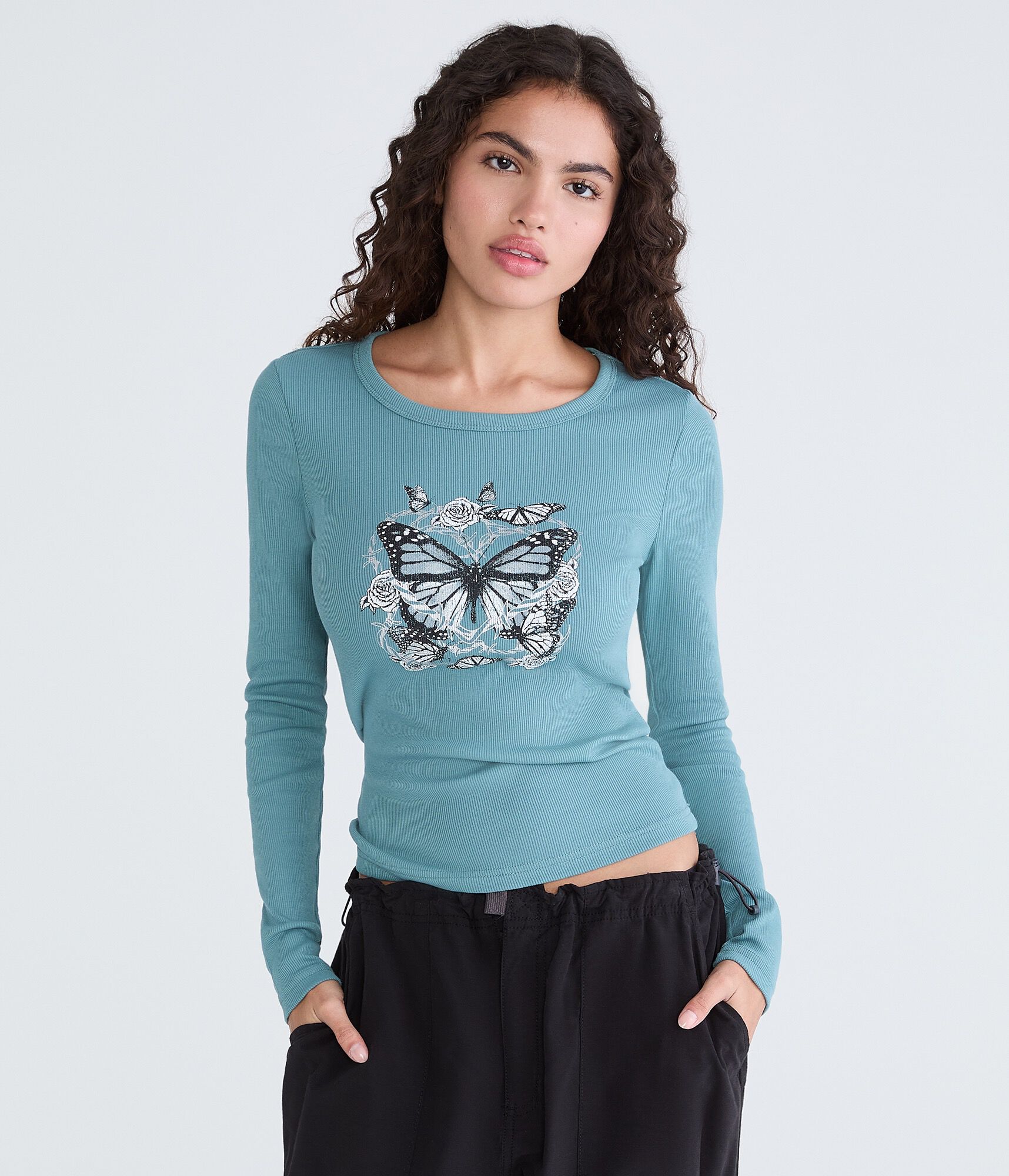 Long Sleeve Butterfly Barbed Wire Graphic Tee