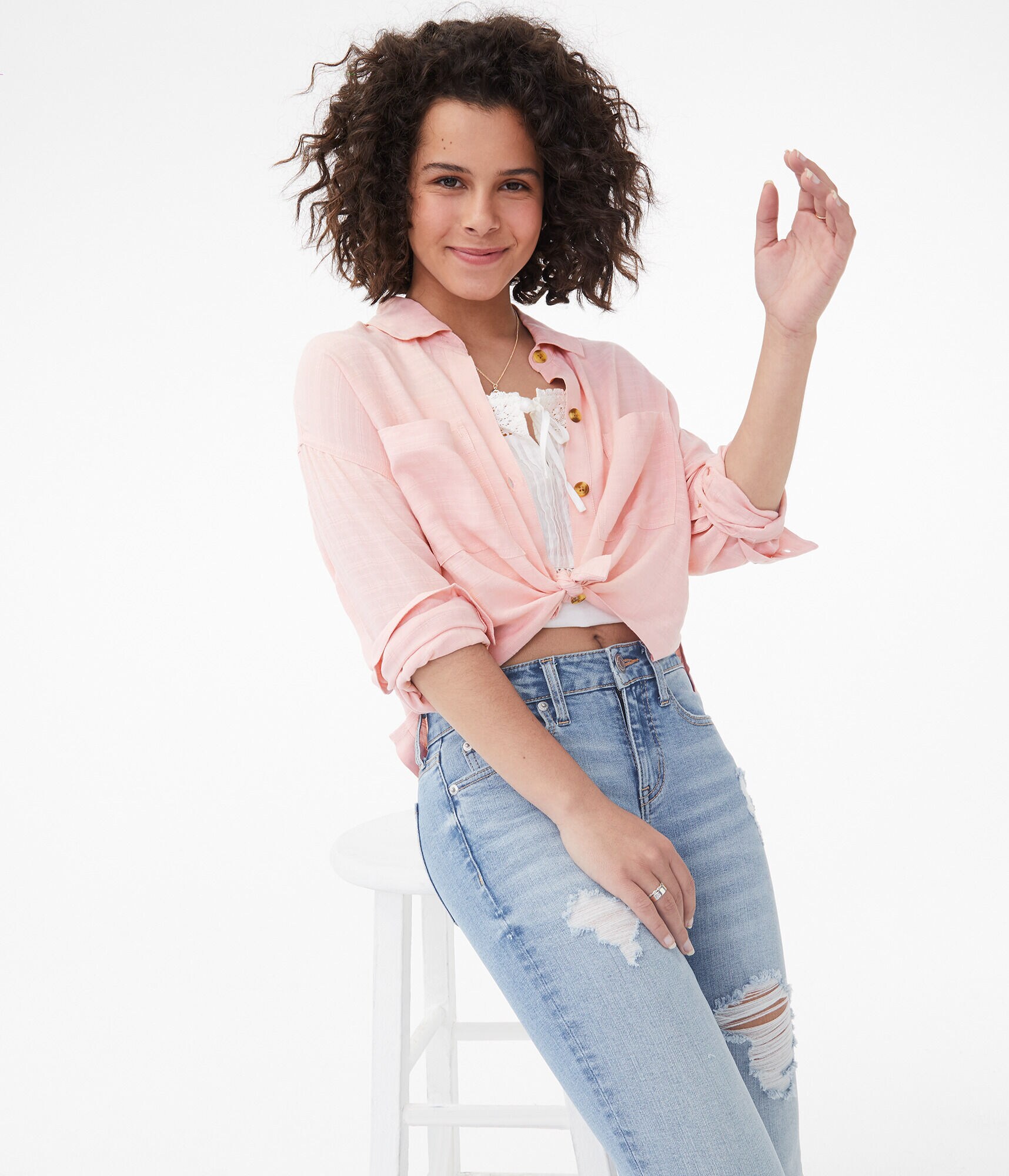 Long Sleeve Cropped Button-Down Shirt