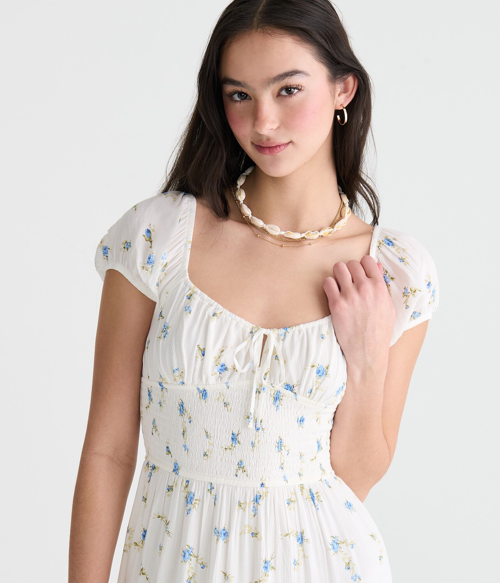 Floral Scoop-Neck Smocked Waist Maxi Dress