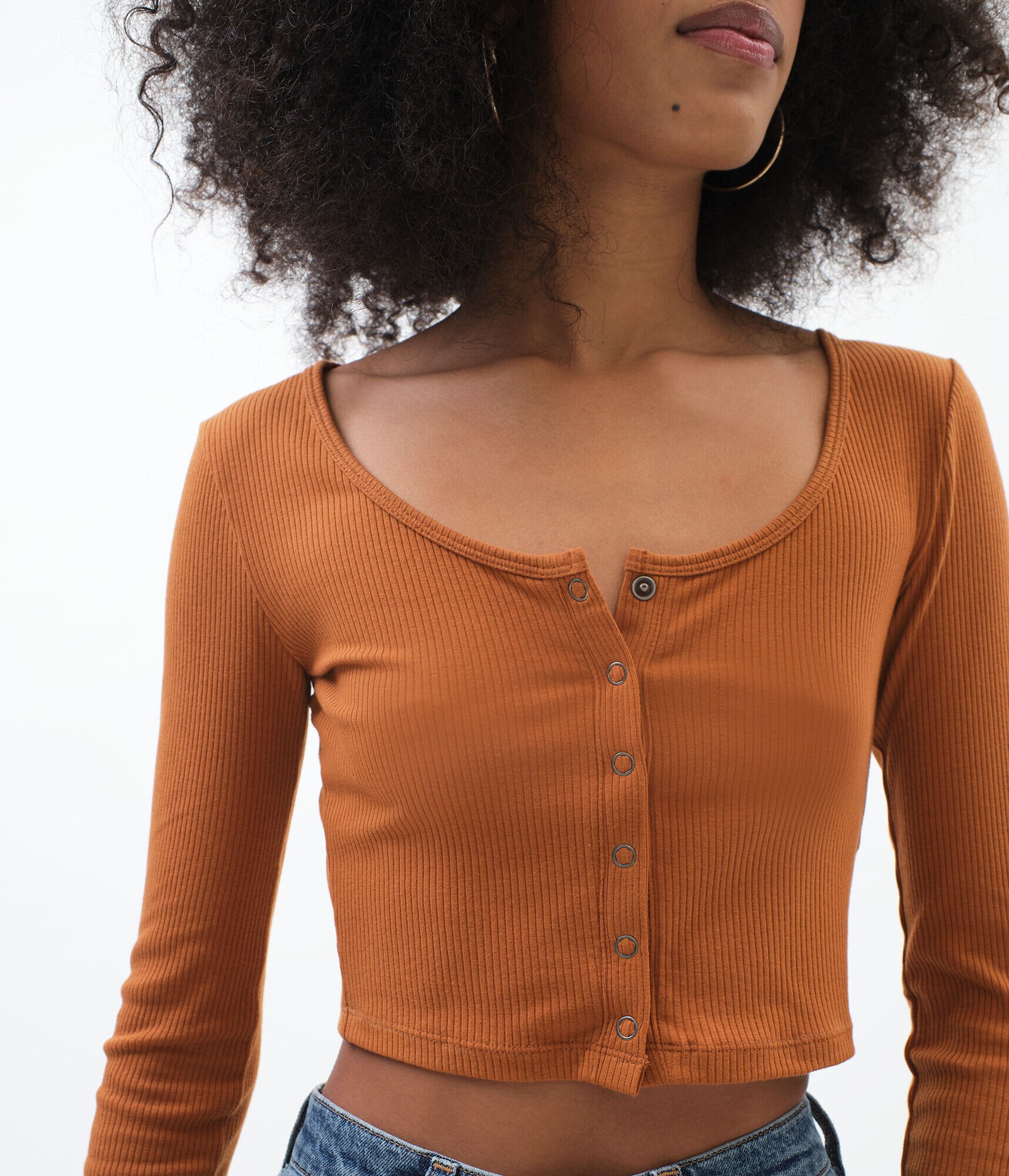 Long Sleeve Snap-Front Bodycon Crop Top***