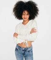 Hooded Cable-Knit Cropped Sweater