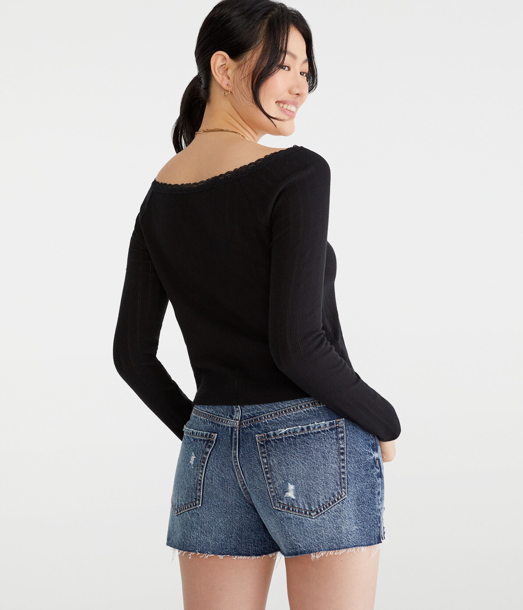 Long Sleeve Pointelle Open-Neck Tee