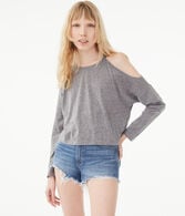 Long Sleeve Cold-Shoulder Sweater-Knit Crop Top***