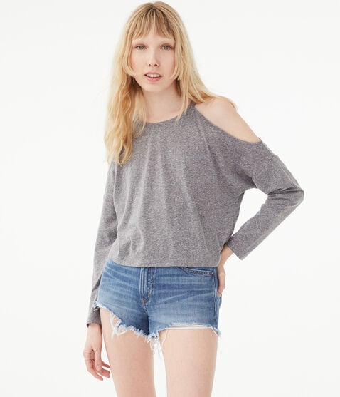 Long Sleeve Cold-Shoulder Sweater-Knit Crop Top***