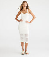 Solid V-Neck Crocheted Midi Dress