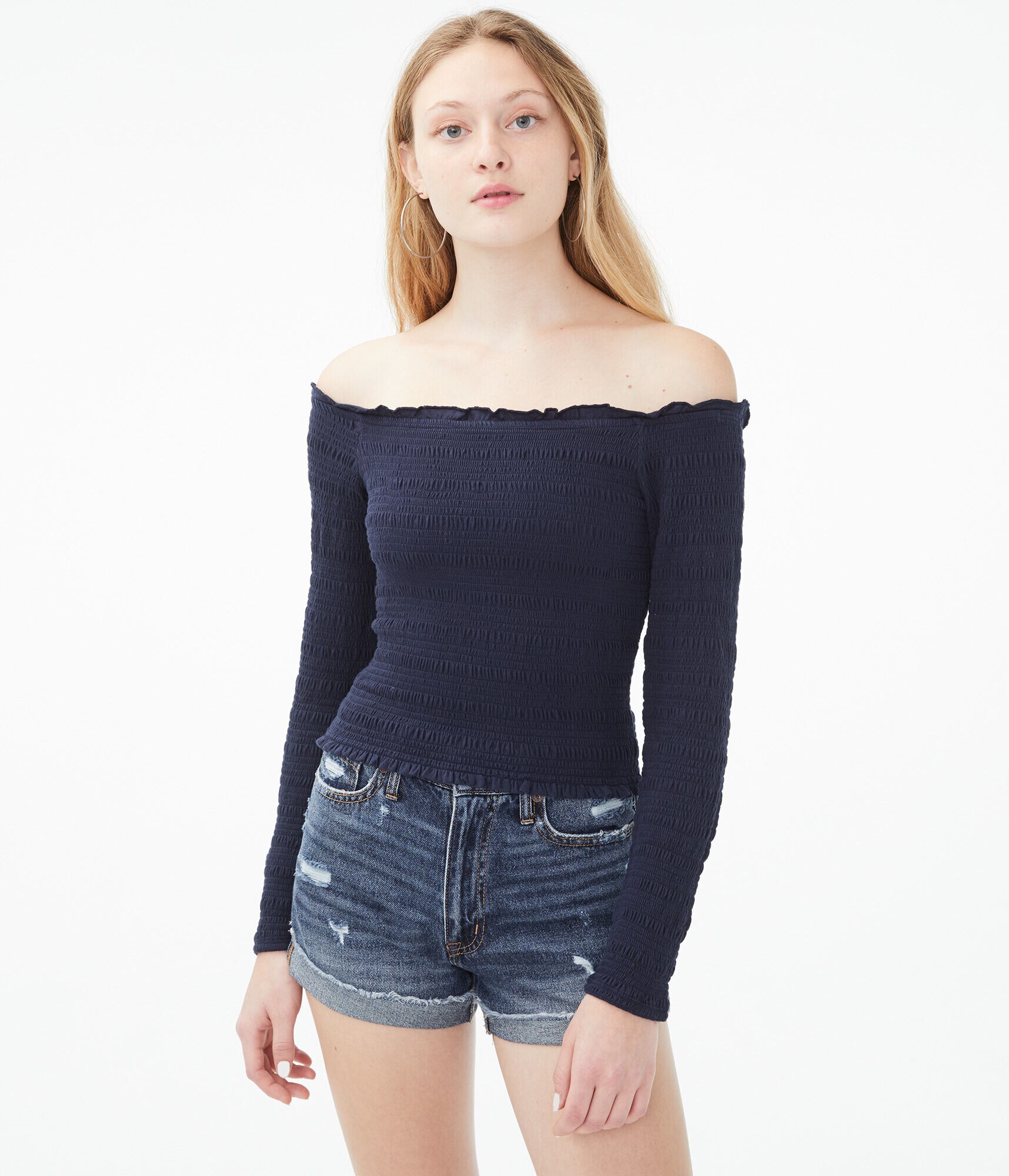 Long Sleeve Smocked Off-The-Shoulder Top