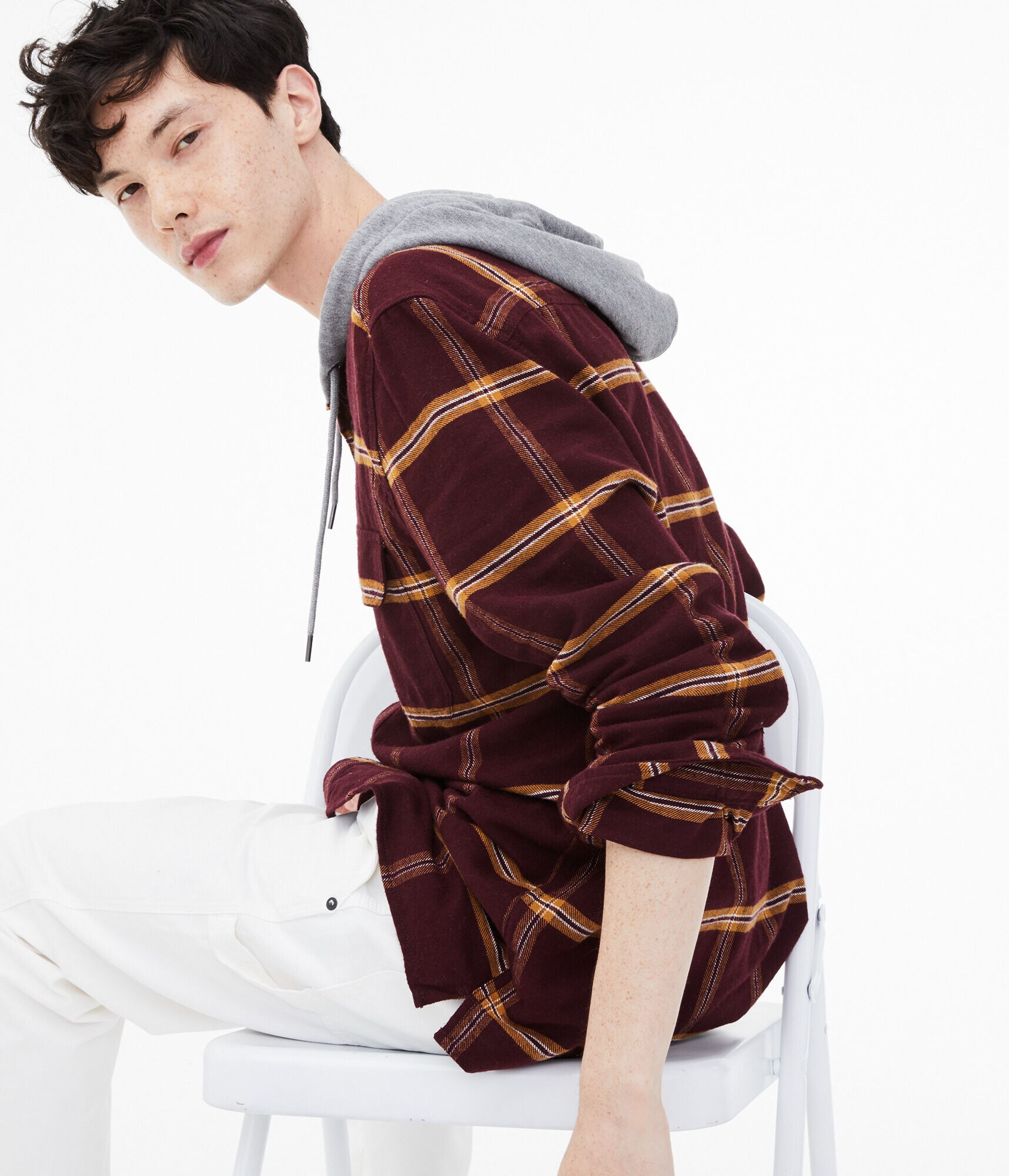 Long Sleeve Windowpane Hooded Button-Down Shirt