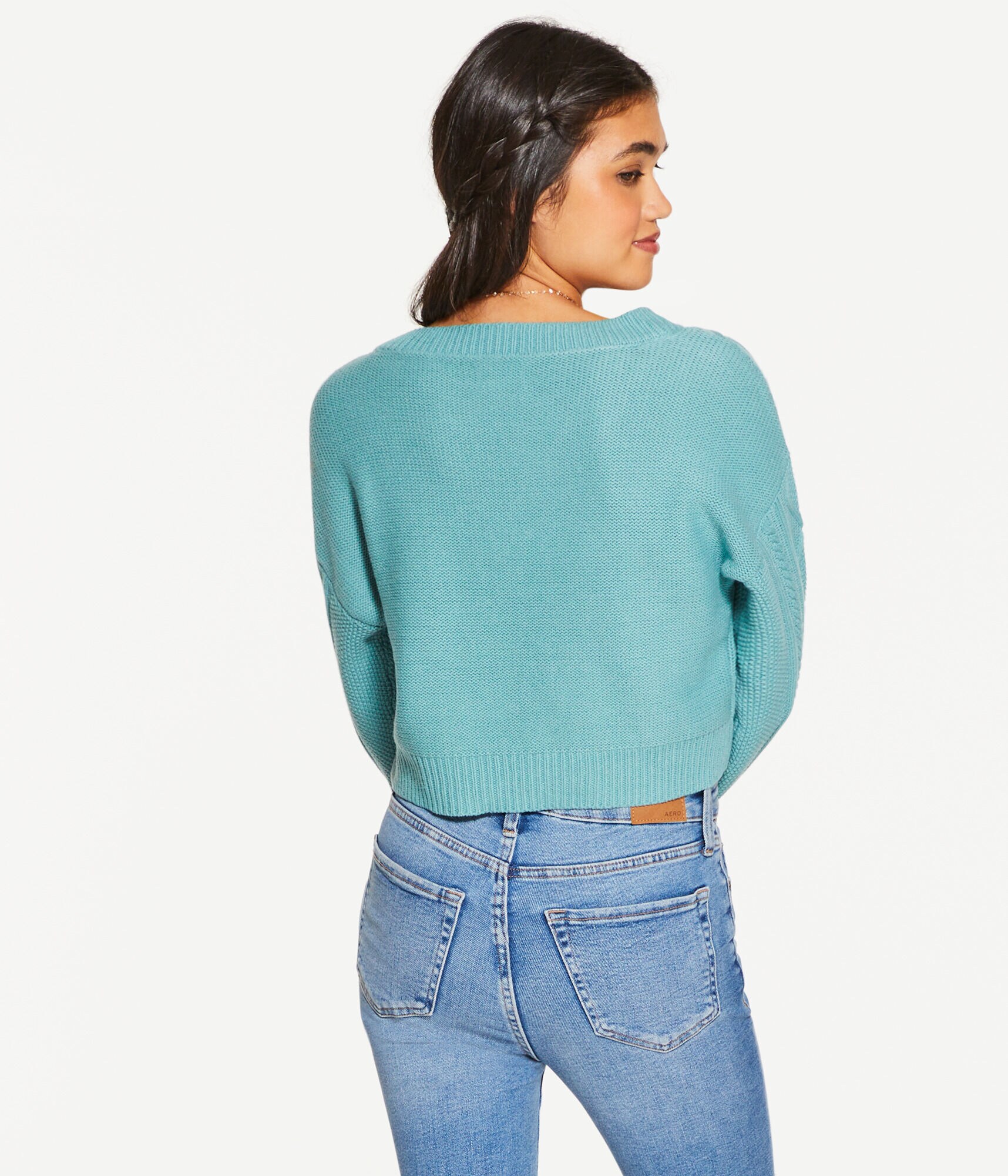 Cable-Knit Cropped V-Neck Sweater