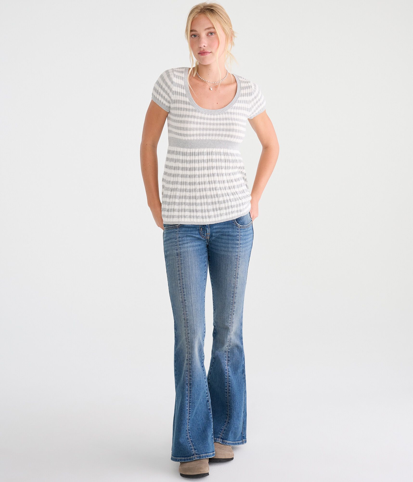 Short Sleeve Striped Scoop-Neck Babydoll Sweater