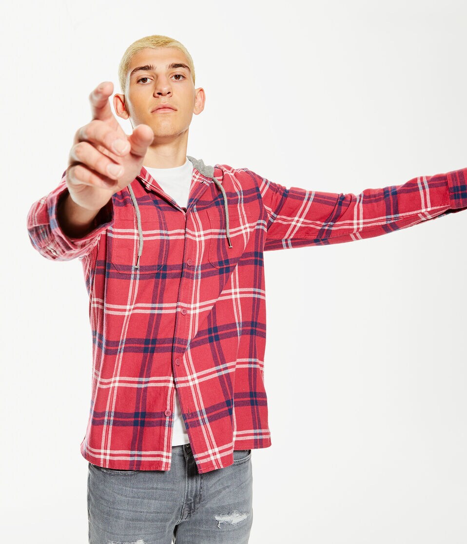 Long Sleeve Plaid Flannel Hooded Button-Down Shirt