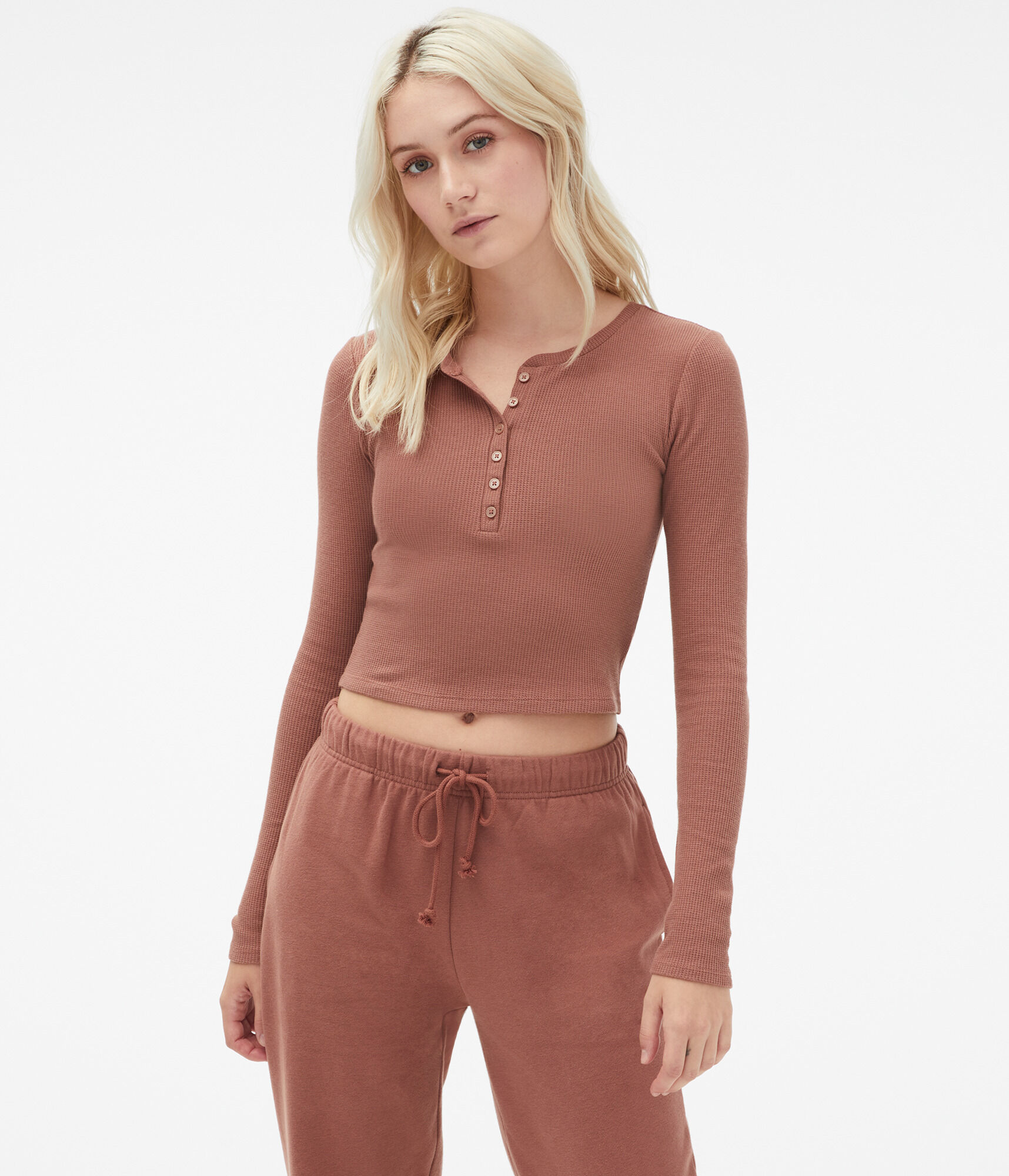 Long Sleeve Cropped Henley Shrunken Tee