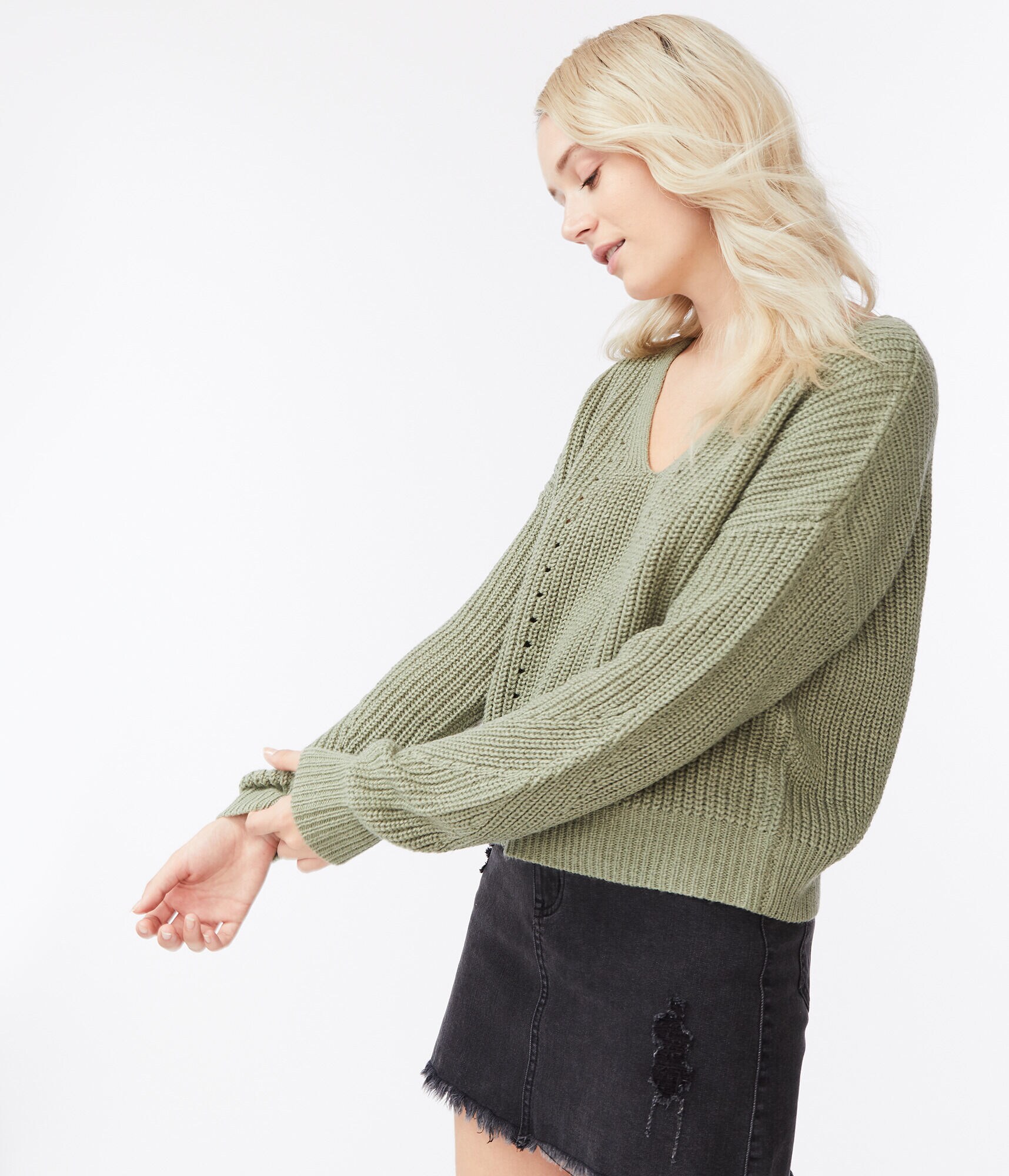 Pointelle Crisscross-Back V-Neck Sweater