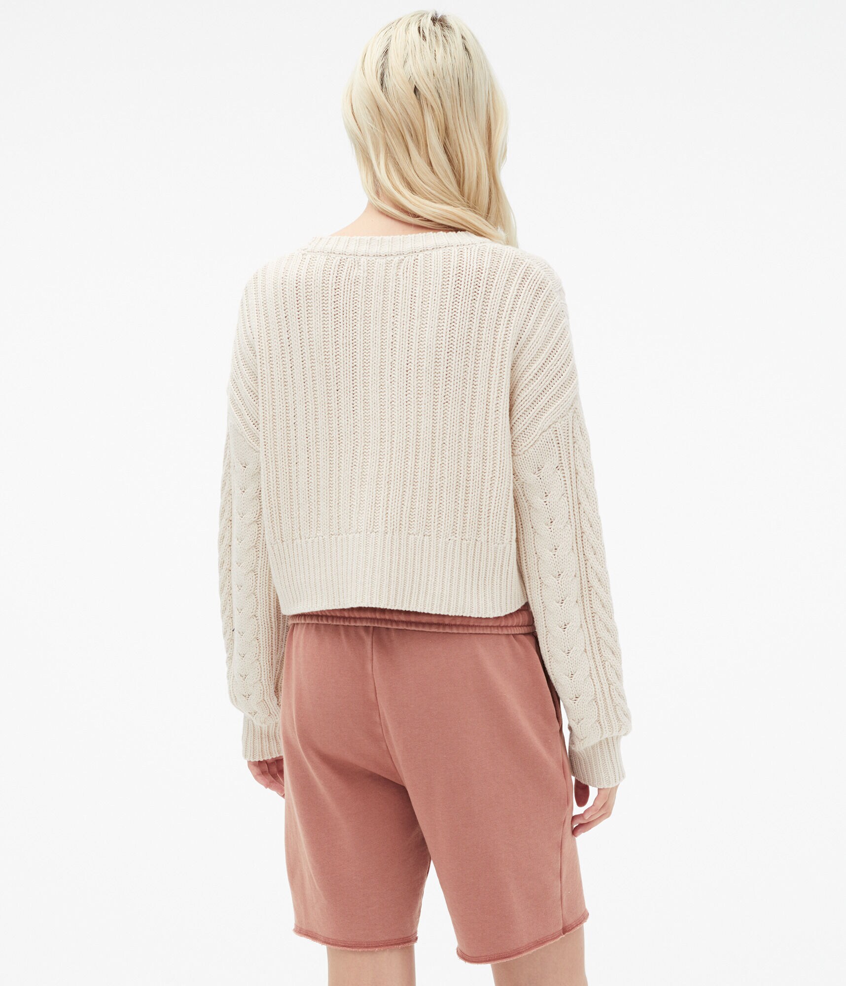 Cable-Knit Cropped V-Neck Cardigan