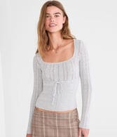 Pointelle Tie-Front Square-Neck Sweater