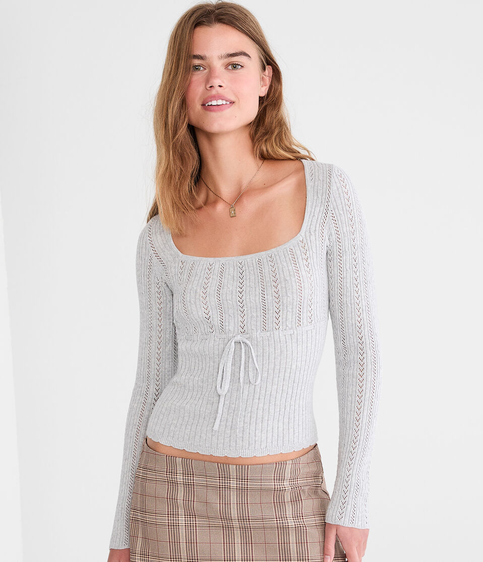Pointelle Tie-Front Square-Neck Sweater