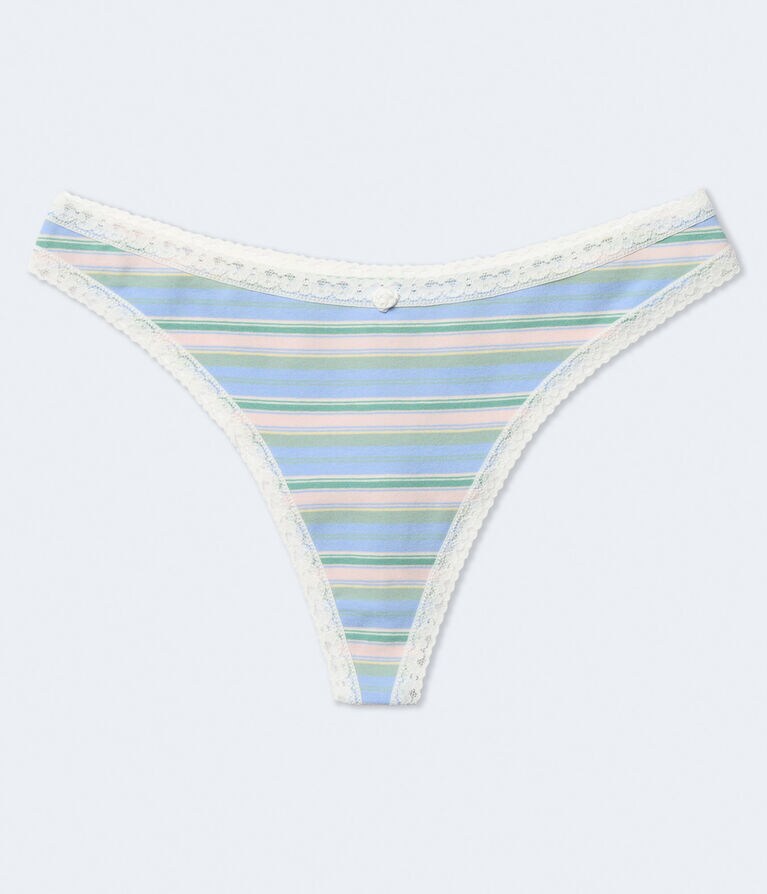 Striped Lace-Trim Thong