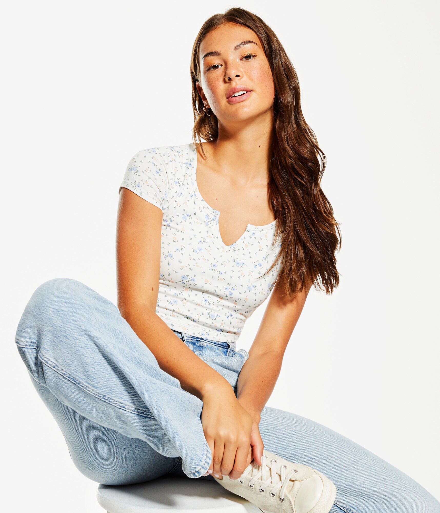 Floral Notch-Neck Shrunken Tee