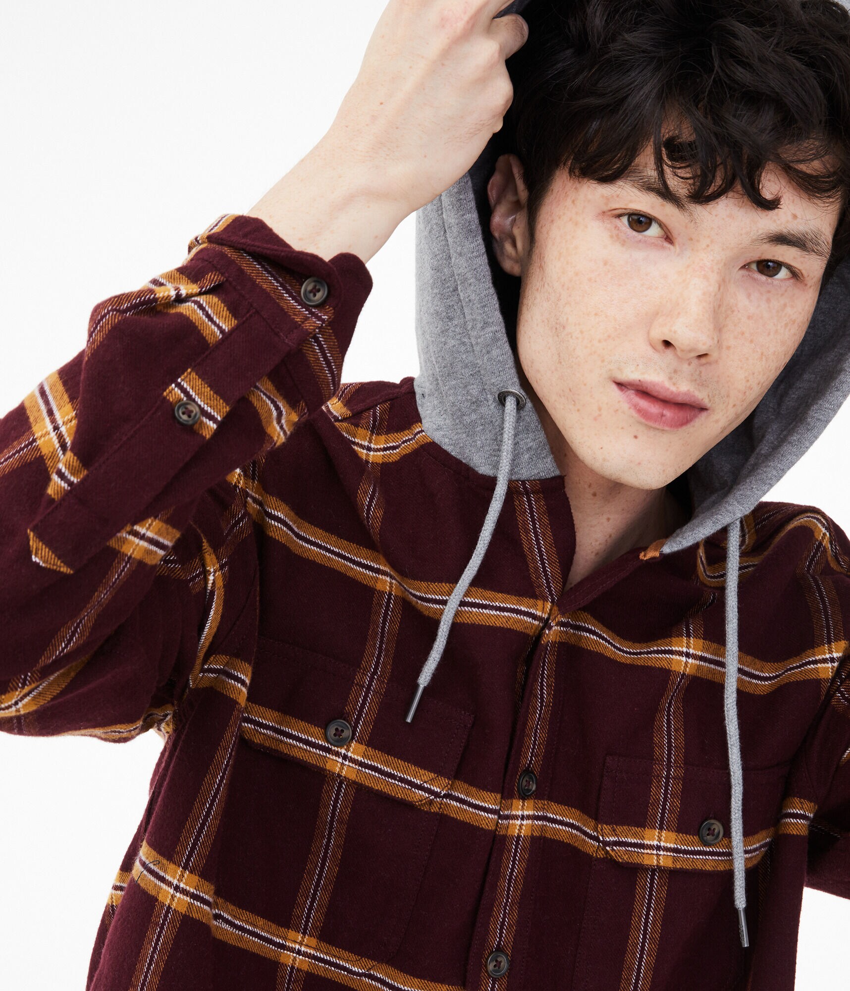 Long Sleeve Windowpane Hooded Button-Down Shirt