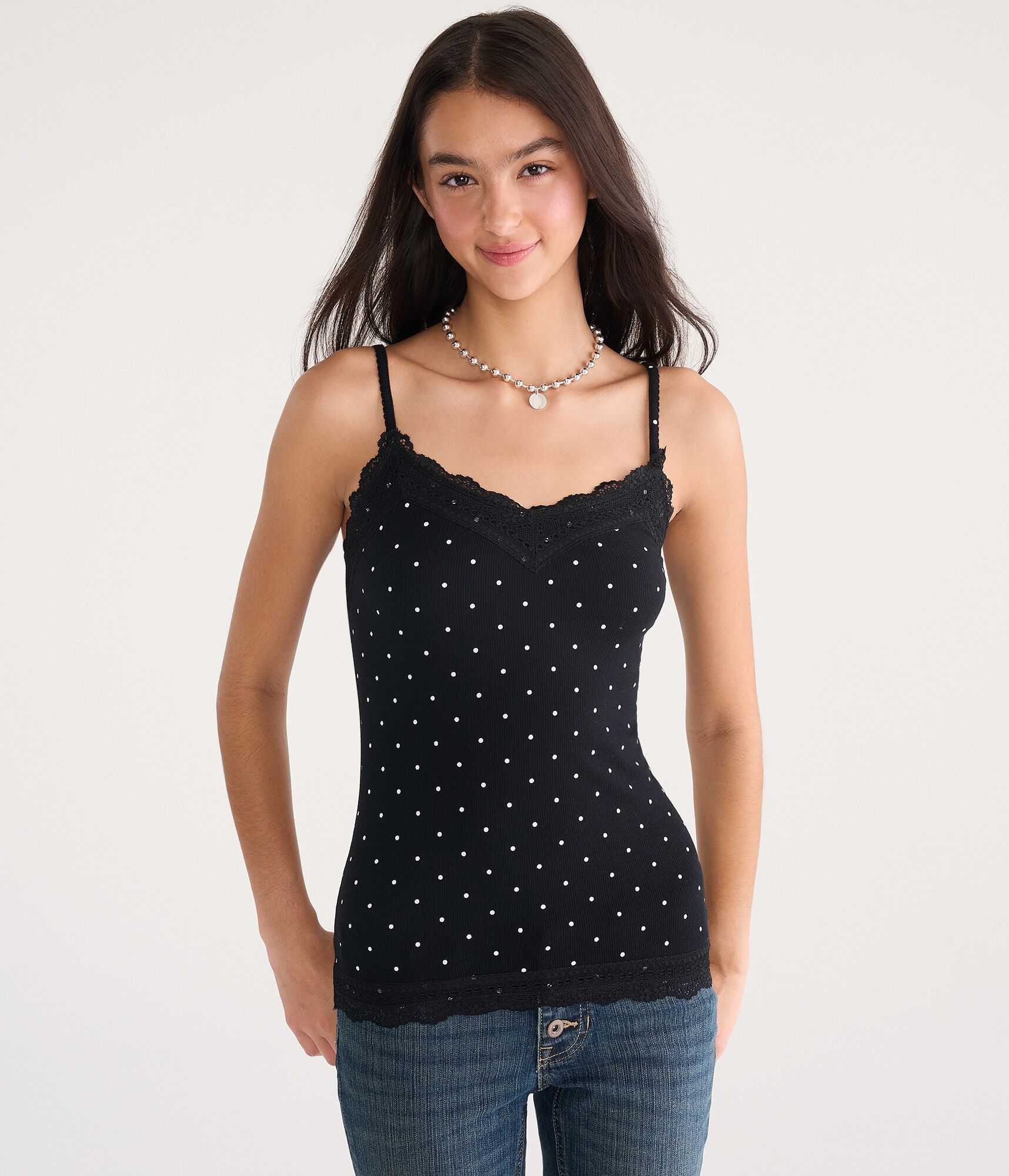 Polka Dot Y2K Lace Scoop-Neck Cami