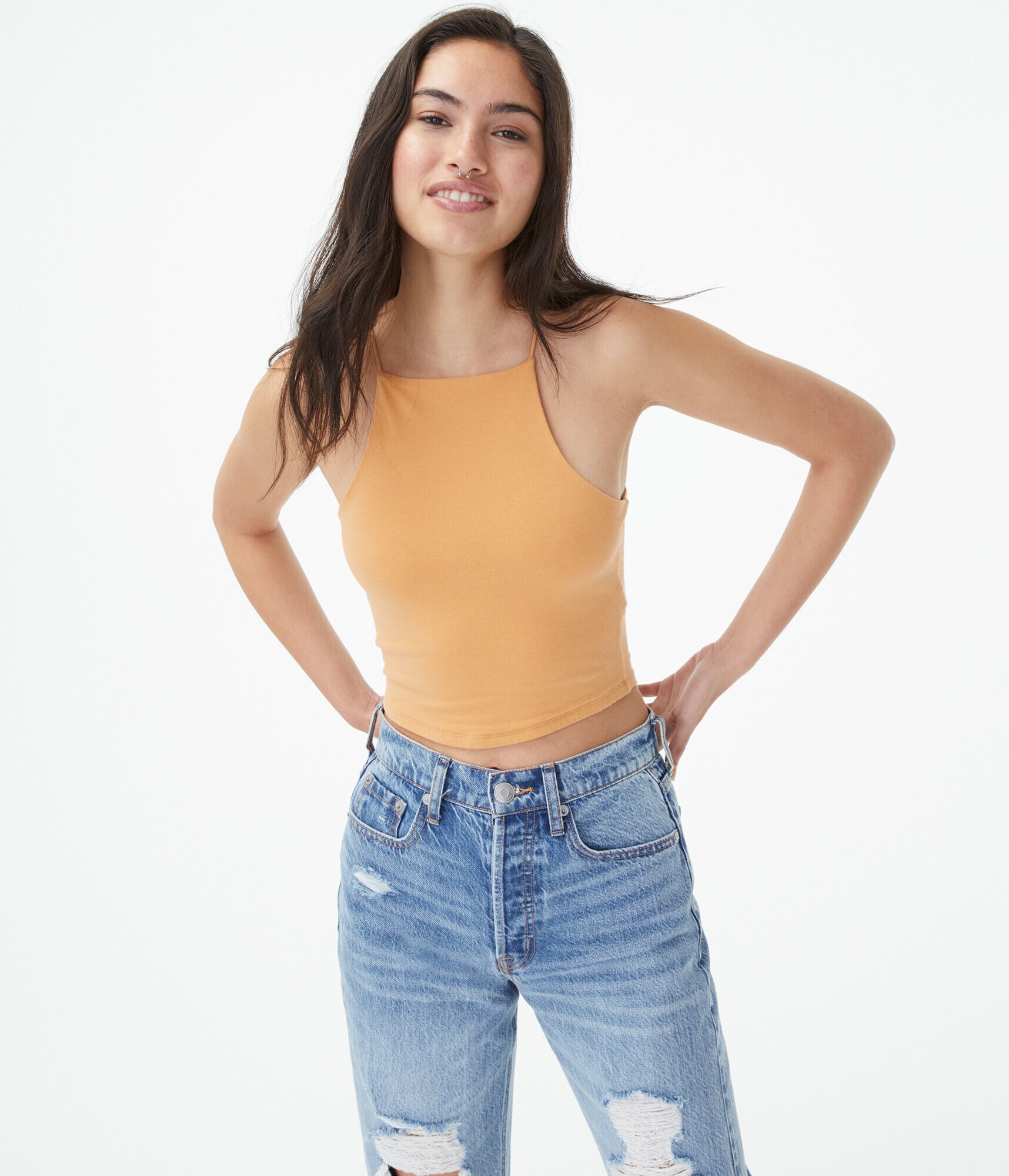 Seriously Soft High-Neck Cropped Bungee Tank***