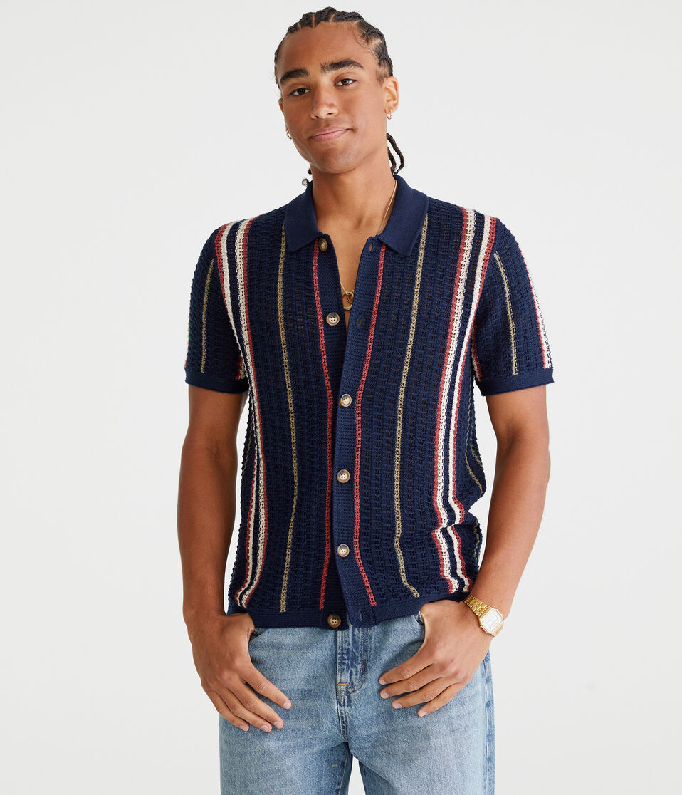 Striped Open-Knit Sweater Shirt