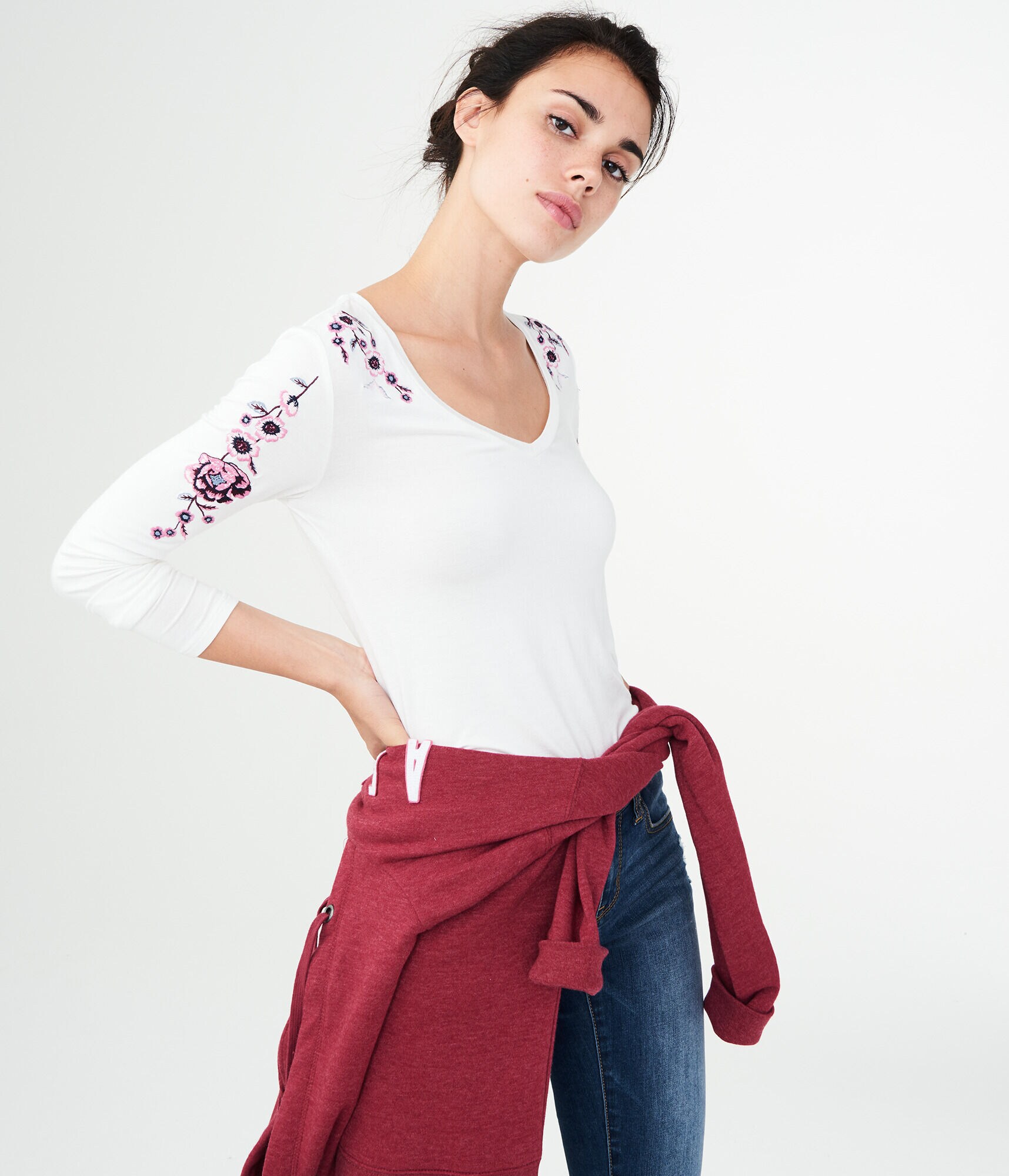Long Sleeve Seriously Soft Floral Embroidered V-Neck Tee