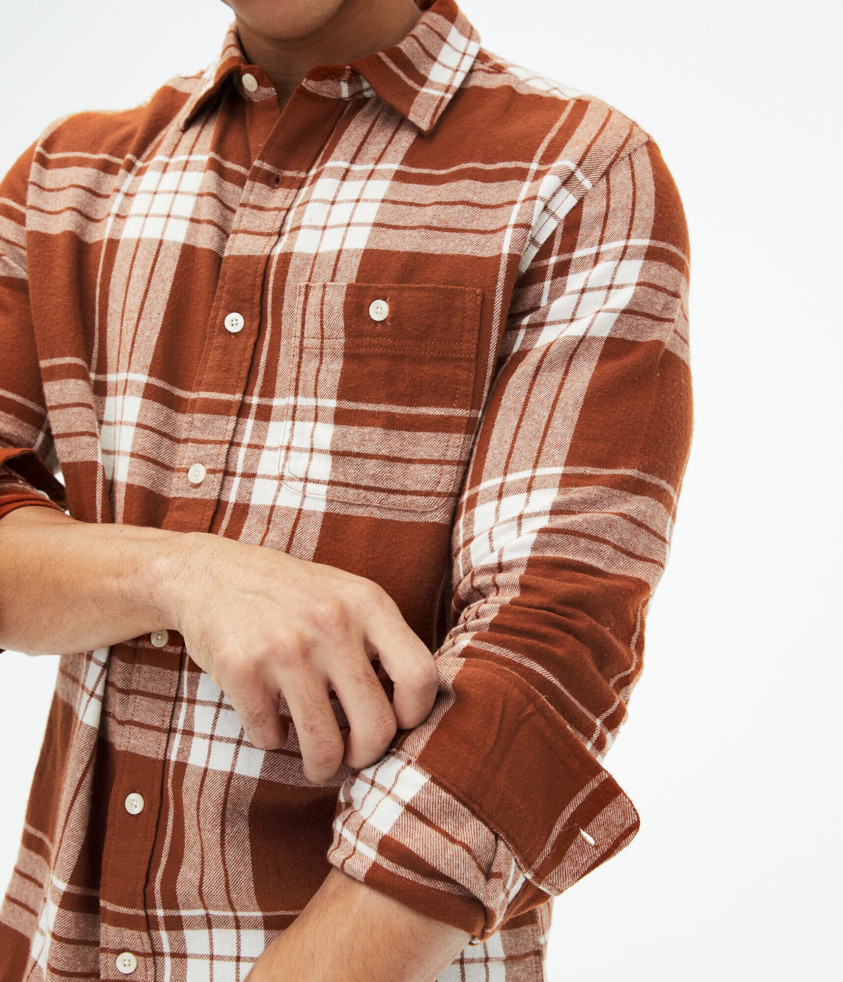 Long Sleeve Windowpane Plaid Flannel Button-Down Shirt