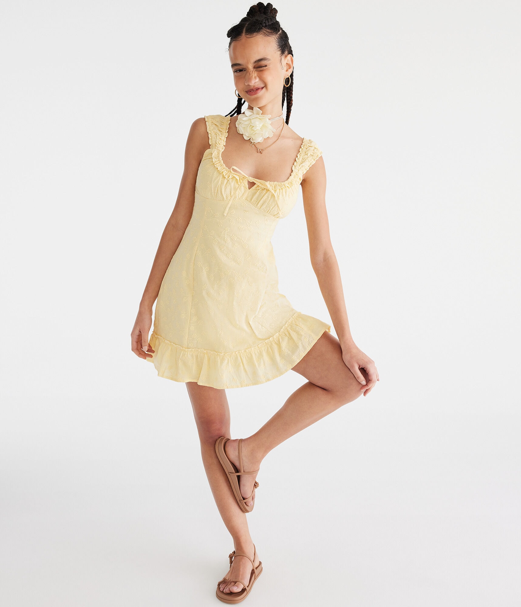 Solid Scoop-Neck Embroidered Floral Mini Dress