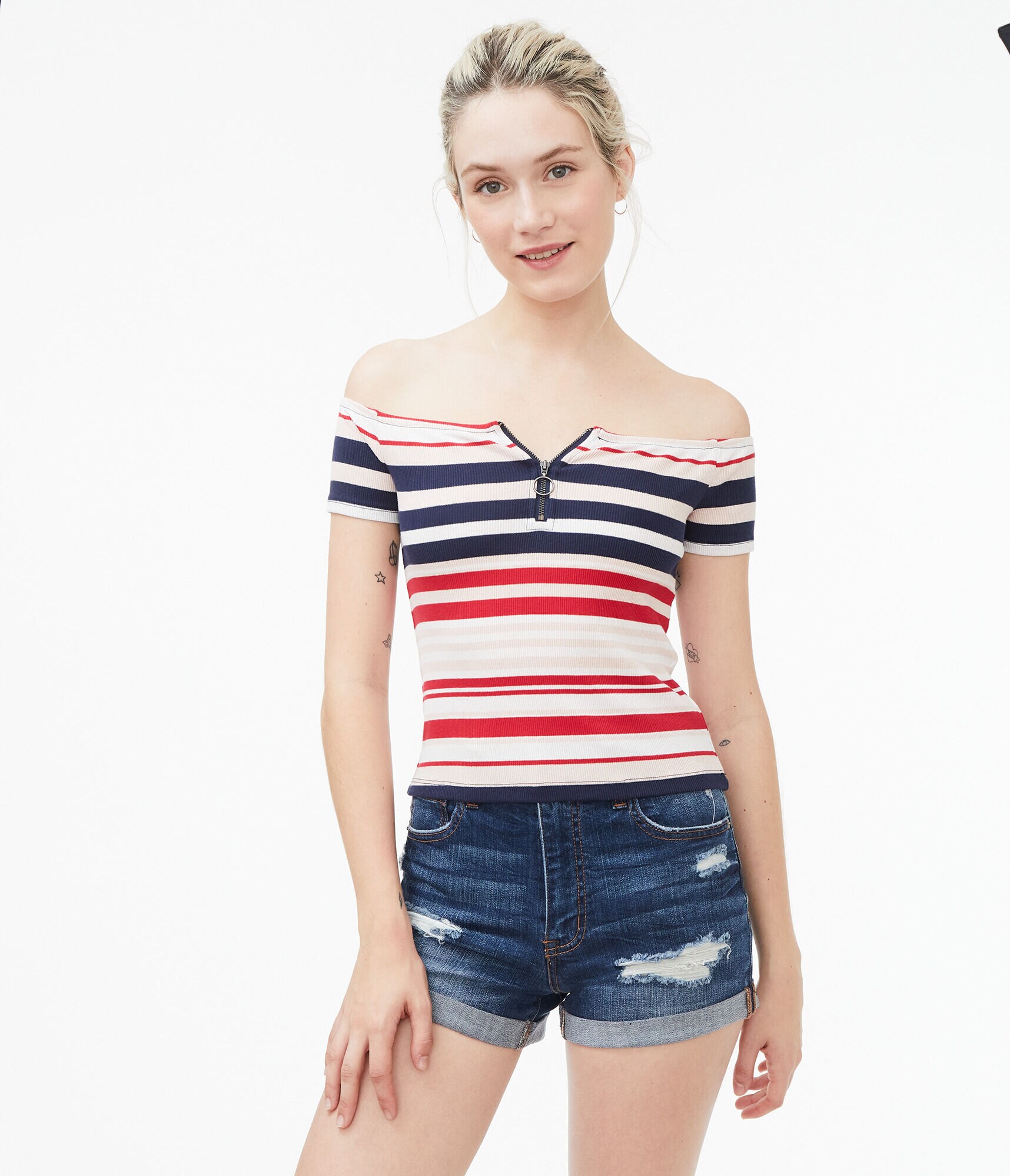 Stripe Off-The-Shoulder Zip Bodycon Top