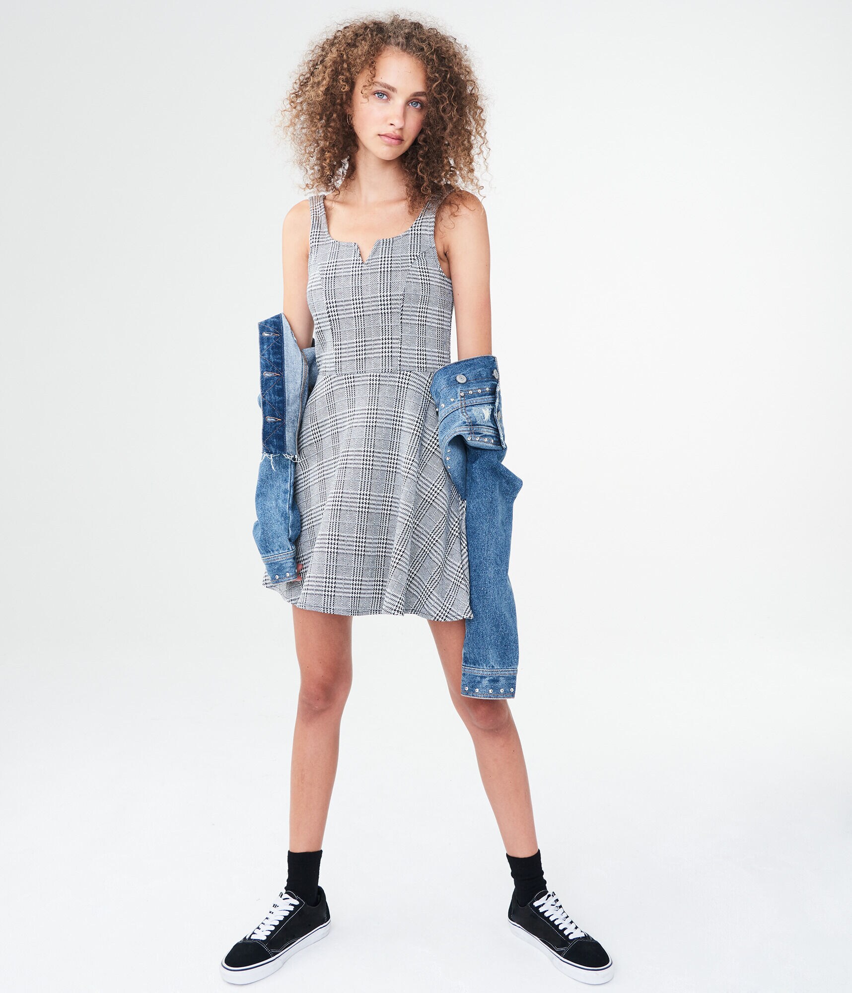 Houndstooth Notch-Neck Fit &amp; Flare Dress