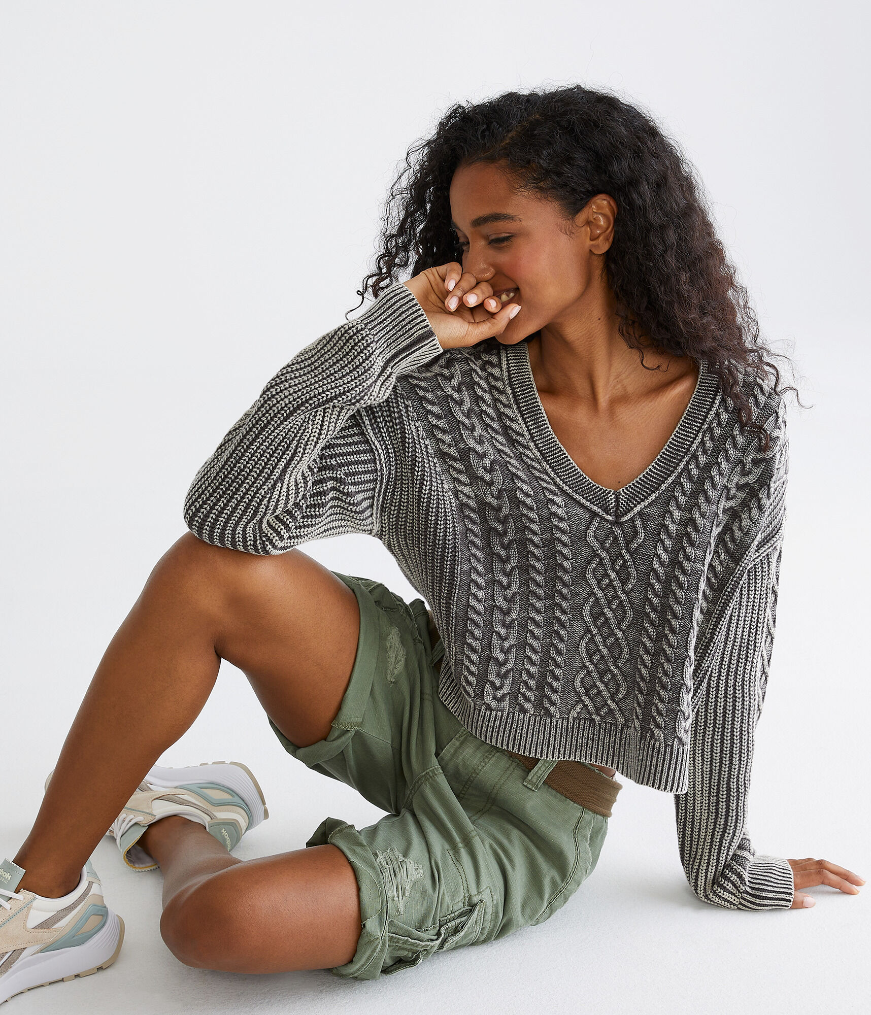 Slouchy Cable-Knit Cropped V-Neck Sweater