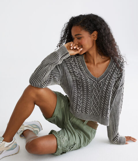 Slouchy Cable-Knit Cropped V-Neck Sweater Slouchy Cable-Knit Cropped V-Neck Sweater