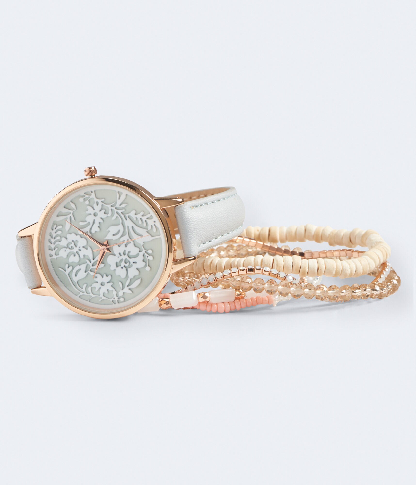 Faux Leather Lacy Analog Watch &amp; Bracelet Set