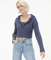 Ribbed Full-Zip Cropped Hooded Sweater***