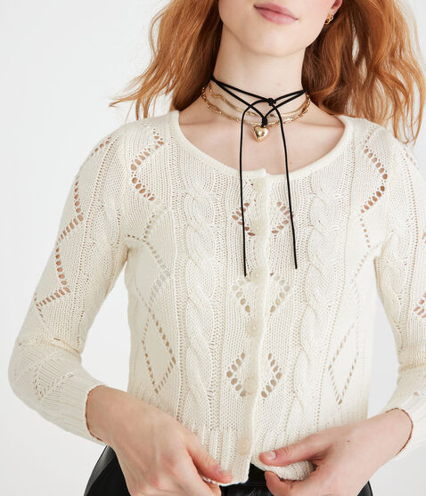 Long Sleeve Cropped Pointelle Cardigan Long Sleeve Cropped Pointelle Cardigan
