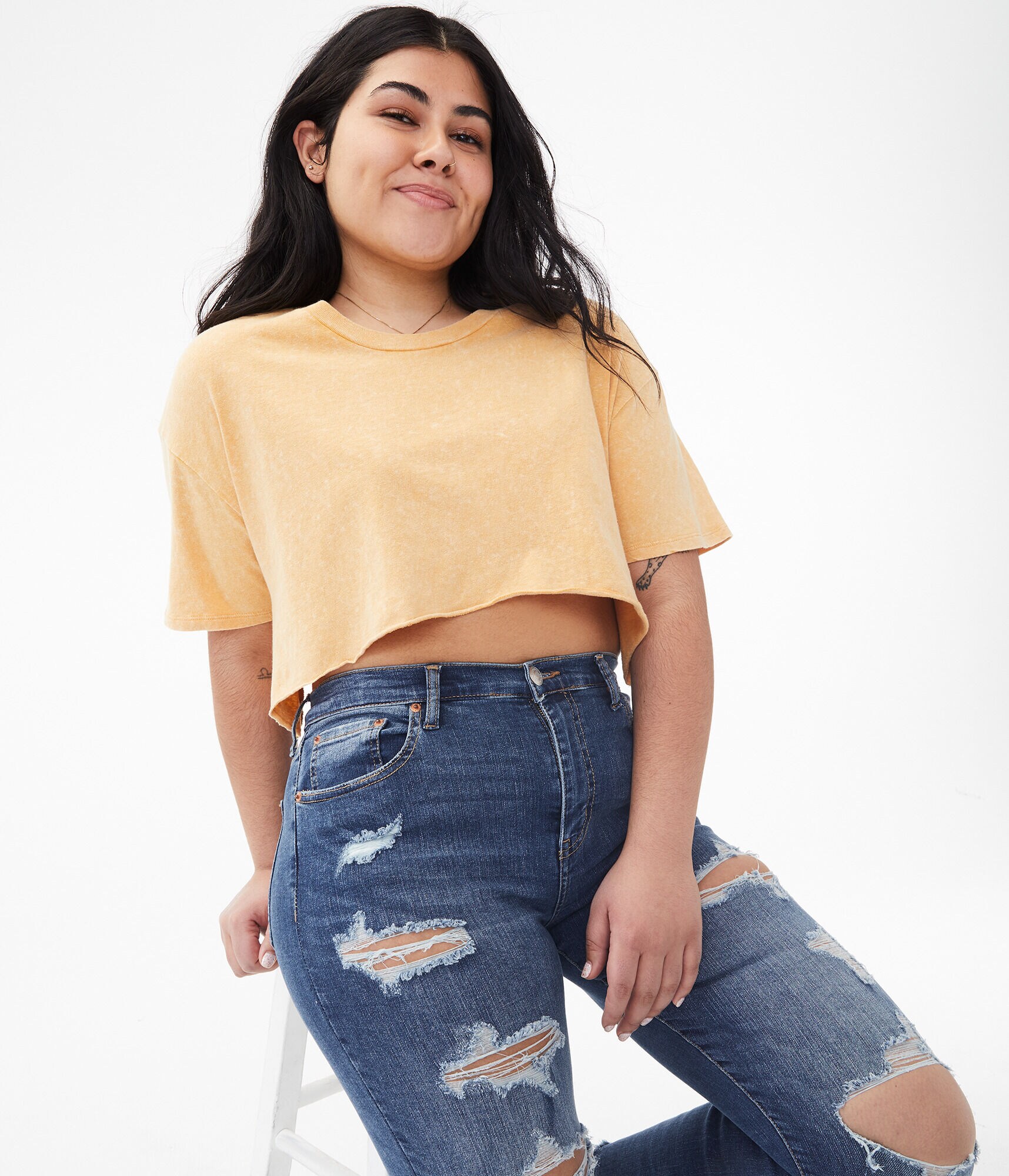 Acid Wash Sharkbite Cropped Crew Tee