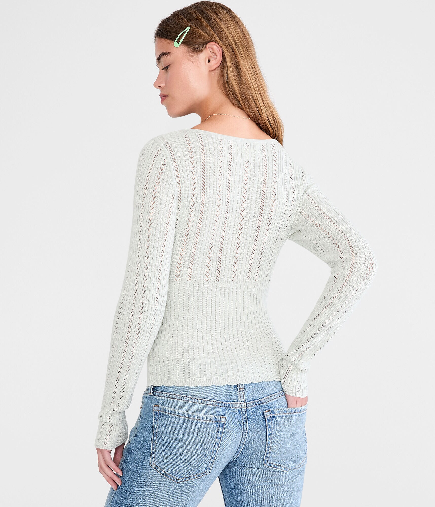 Pointelle Tie-Front Square-Neck Sweater