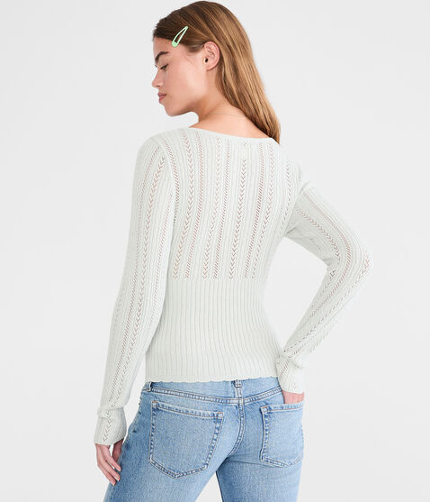 Pointelle Tie-Front Square-Neck Sweater Pointelle Tie-Front Square-Neck Sweater