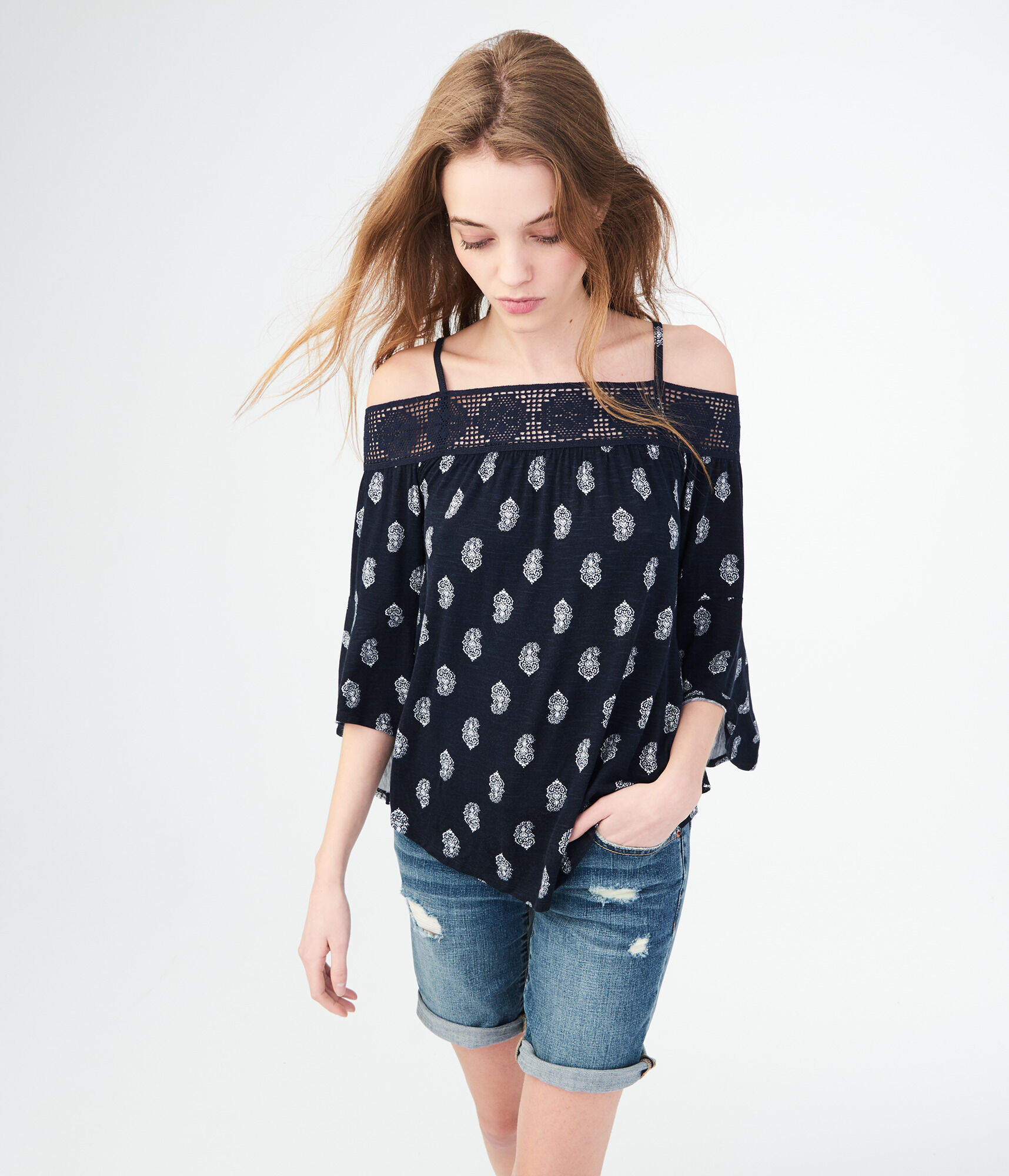 Long Sleeve Crochet Cold-Shoulder Top