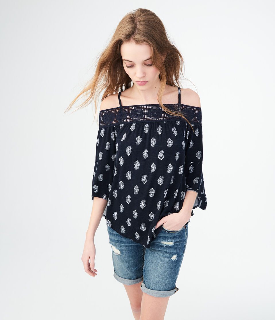 Long Sleeve Crochet Cold-Shoulder Top