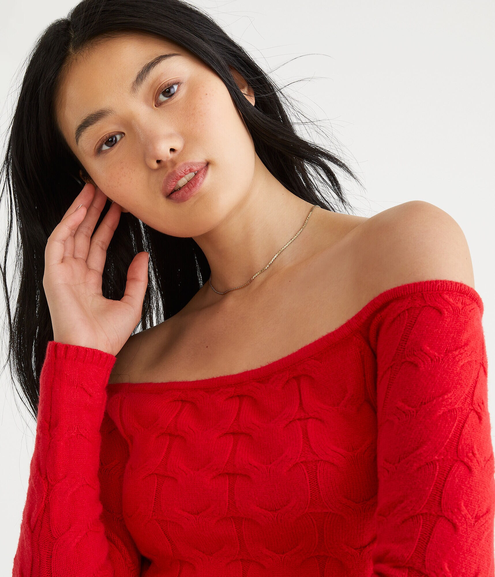 Cable Cropped Off-The-Shoulder Sweater