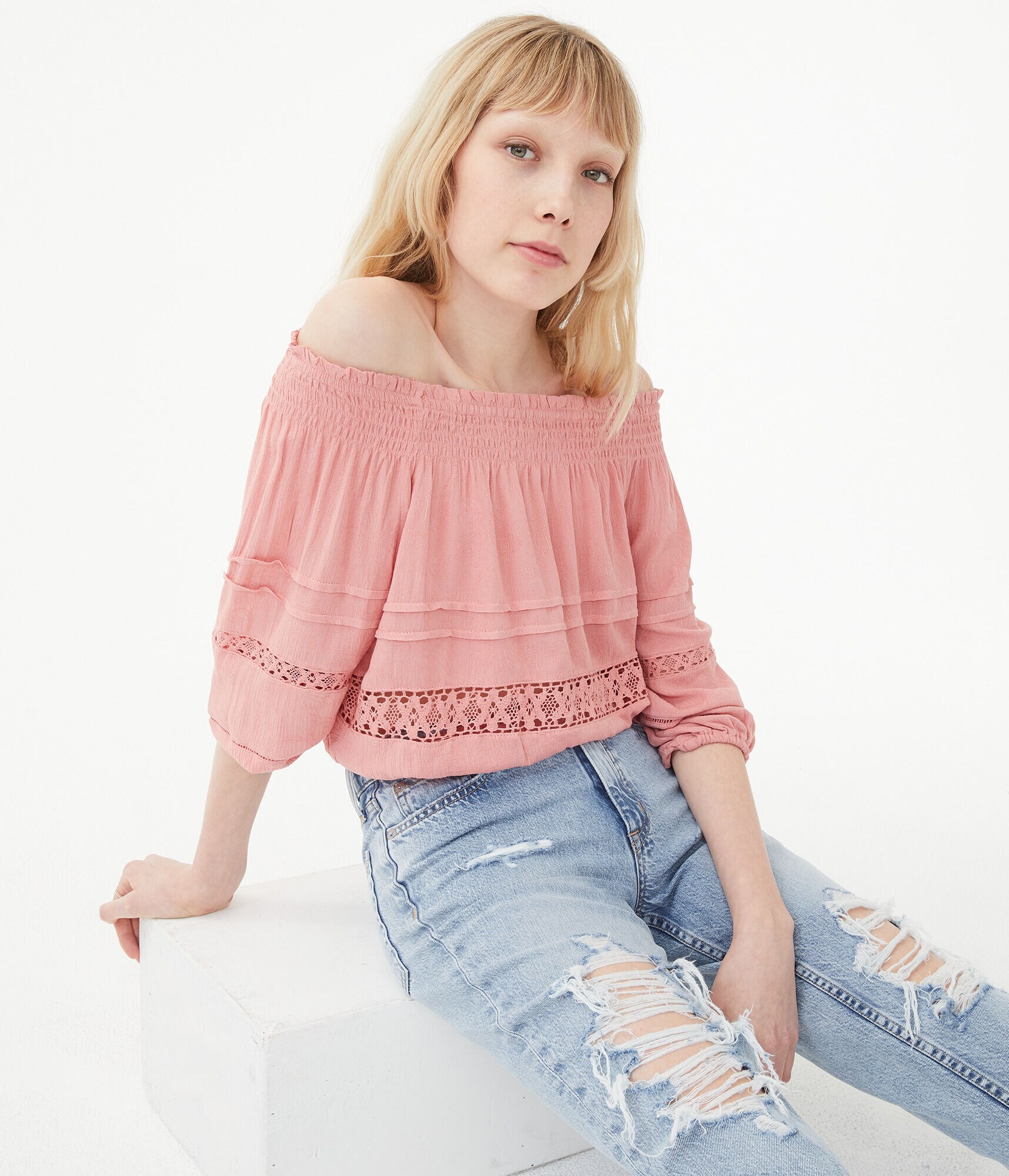 Long Sleeve Off-The-Shoulder Peasant Crop Top